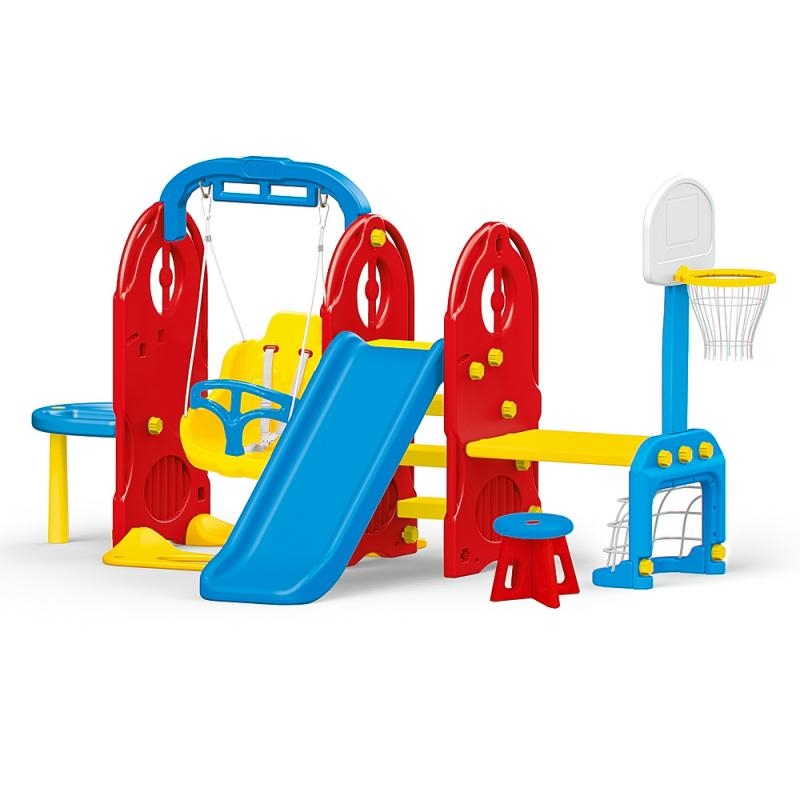  Dětské hřiště - 7 v 1 - skluzavka, houpačka, stolek, basket koš, branka, židlička, stolek na písek, nebo vodu.